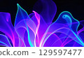 Neon light swirls in abstract motion, neon shapes in purple and cyan tones blend with fluid elegance, neon energy flows like digital flames dancing on deep black backdrop 129597477
