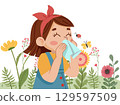 girl suffering f allergy symptom sneezing on a handkerchief. 129597509