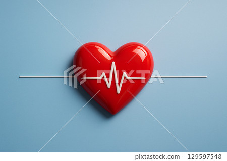 Red heart with white heartbeat line on light blue background symbolizing heart health awareness and medical diagnosis concept. Red heart with white heartbeat line on light blue background symbolizing heart health awareness and medical diagnosis concept. 129597548