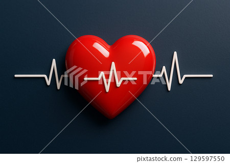 Red heart with heartbeat line on dark background highlighting cardiovascular health and medical diagnostics concept. Red heart with heartbeat line on dark background highlighting cardiovascular health and medical diagnostics concept. 129597550