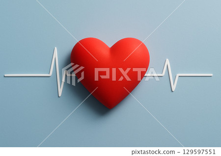 Two red hearts with white heartbeat line on blue background illustrating emotional and physical health in wellness concept. Two red hearts with white heartbeat line on blue background illustrating emotional and physical health in wellness concept. 129597551