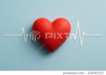 Red heart on muted blue background with white ECG line showing love and health connection in medical care concept. Red heart on muted blue background with white ECG line showing love and health connection in medical care concept. 129597553