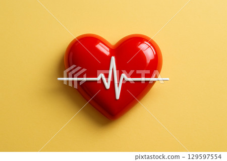 Red heart with white heartbeat line on yellow background emphasizing positivity in heart health and wellness concept. Red heart with white heartbeat line on yellow background emphasizing positivity in heart health and wellness concept. 129597554