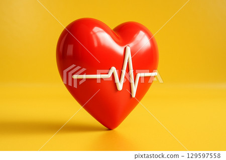 Red heart with white heartbeat line on yellow background showing prevention and monitoring in medical wellness concept. 129597558