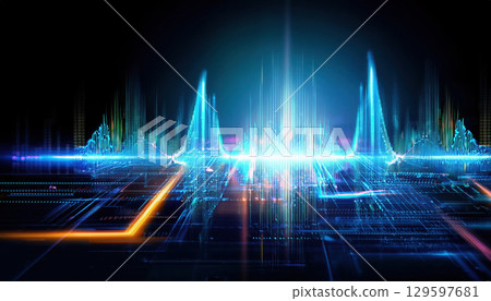glowing waveform analyzing voice data in futuristic digital environment glowing waveform analyzing voice data in futuristic digital environment 129597681