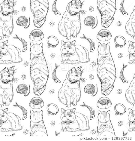 Seamless vector pattern, cats and cats of different breeds, Siamese, striped, food bowls, collars, toys. All objects are hand-drawn with ink. Vector illustration for printing on fabric and paper. 129597732