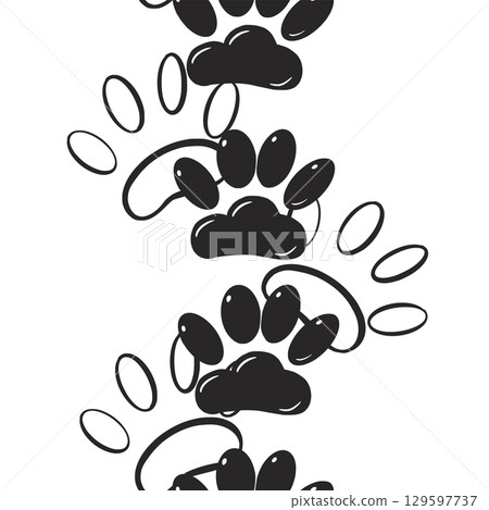 Vertical seamless border made of paw prints of animals, dogs and cats. All objects are hand-drawn in ink. The illustration is suitable for printing on fabric, paper, product packaging. Vector Vertical seamless border made of paw prints of animals, dogs and cats. All objects are hand-drawn in ink. The illustration is suitable for printing on fabric, paper, product packaging. Vector 129597737