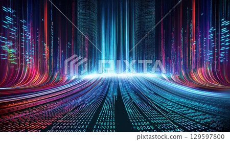 Abstract data visualization with flowing streams of binary code, vibrant colors, and matrix style background create dynamic Abstract data visualization with flowing streams of binary code, vibrant colors, and matrix style background create dynamic 129597800