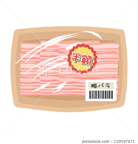Packed pork (pork belly) discounted product supermarket illustration 129597871