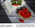 End of summer, August. Still life with book, watermelon, and branch of viburnum in strip of bright sunlight 129597879