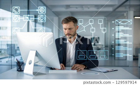 focused businessman at sleek desk, intently working on computer with digital graphics around him 129597914