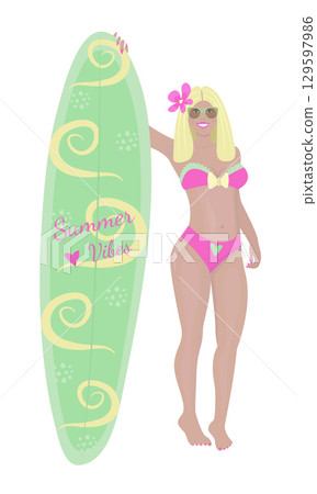 Slim blonde woman with a sailboard, bright illustration 129597986