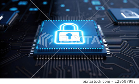 blue integrated circuit with glowing lock symbols represents digital security blue integrated circuit with glowing lock symbols represents digital security 129597992