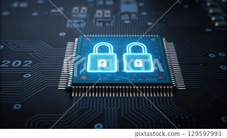 blue integrated circuit with glowing lock symbols represents security 129597993