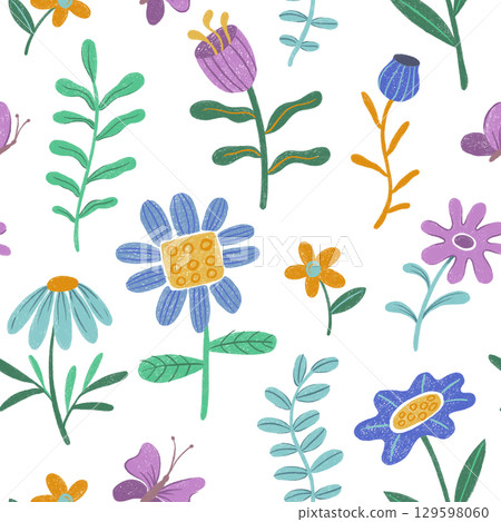 children drawing crayon. seamless pattern with abstract flowers children drawing crayon. seamless pattern with abstract flowers 129598060