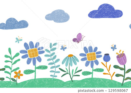 children drawing crayon. seamless border with flowers, meadow and clouds 129598067