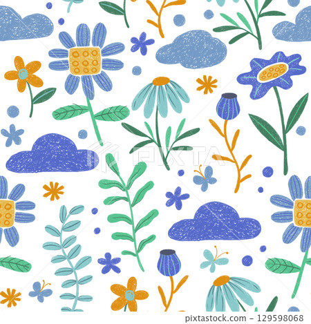 children drawing crayon. seamless pattern with abstract flowers 129598068