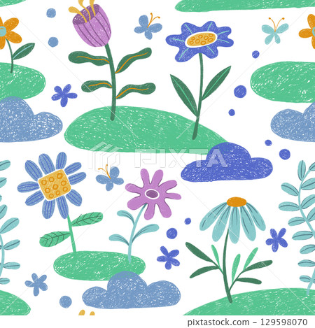 children drawing crayon. seamless pattern with abstract flowers 129598070