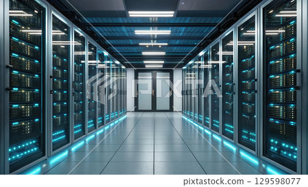 Futuristic server room with glowing lights and advanced technology, showcasing hyperautomation Futuristic server room with glowing lights and advanced technology, showcasing hyperautomation 129598077