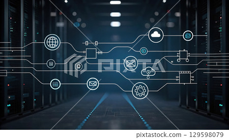 Streamlined digital workflow with icons representing hyperautomation and connectivity 129598079