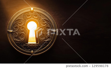 Ancient keyhole illuminated by golden light, symbolizing hidden knowledge and mystery 129598178