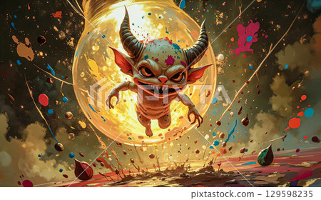 Funny cartoon character with horns. A strange creature with evil features, including large pointed ears and large horns, flies in a dynamic leap through the air. 129598235