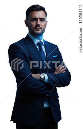 A white male entrepreneur in deep navy blue, standing with arms folded, illuminated by projections of cutting-edge technology and business 129598241