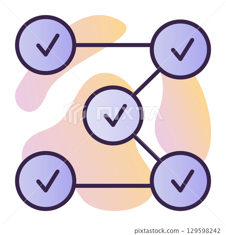 Work stages with check marks, single process sign, task completed, dark blue line vector icon on gradient background Work stages with check marks, single process sign, task completed, dark blue line vector icon on gradient background 129598242