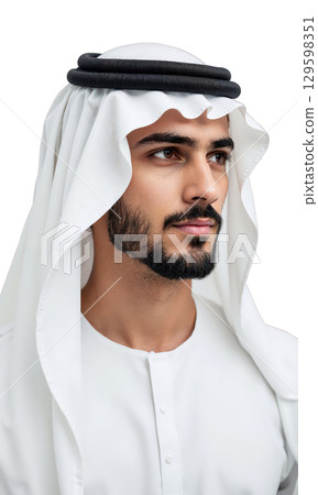 Man Arab Attire. A man of Middle Eastern descent with a beard and mustache, wearing a traditional white thobe Man Arab Attire. A man of Middle Eastern descent with a beard and mustache, wearing a traditional white thobe 129598351