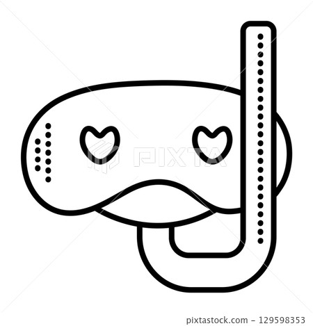 Snorkel mask with a straw, vector black line icon, snorkeling glasses with a tube monochrome sign  129598353