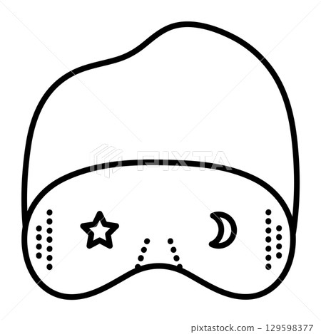 Simple night sleep eye mask with a rubber band. Vector black line icon, pictogram in minimal style. Monochrome outline blindfold with a star and moon images Simple night sleep eye mask with a rubber band. Vector black line icon, pictogram in minimal style. Monochrome outline blindfold with a star and moon images 129598377