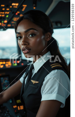 Black Female Pilot Pre-Flight Check Cockpit Focus 30s woman, pilot uniform, focused pre-flight check instrument panel safety prepare, transparent bg 129598389