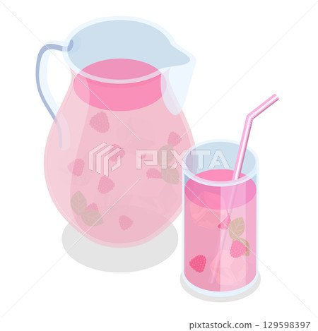 3D Isometric Flat Vector Set of Refreshing Drinks, Strawberry Drinks In An Elegant Arrangement For Enjoying Alone Or With Friends. Item 1 129598397