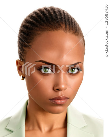 A African American young adult woman with brown bald, green eyes, wearing business attire, showing focus with a concentrated expression, 129598410