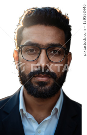 A South Asian male leader with a sharp beard and angular glasses, his serious expression framed by glowing rays, symbolizing A South Asian male leader with a sharp beard and angular glasses, his serious expression framed by glowing rays, symbolizing 129598446