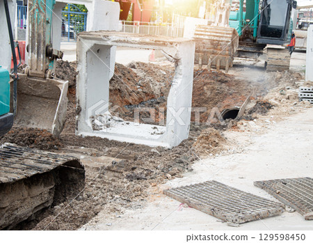 Drainage construction work using large machinery Drainage construction work using large machinery 129598450