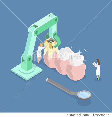 3D Isometric Flat Vector Illustration of Tooth Removal, Dental Education Poster On Tooth Extraction And Anatomy 129598586