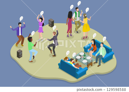 3D Isometric Flat Vector Illustration of Sleepover Karaoke Party, Party Fun With People Gathering In A Room 129598588