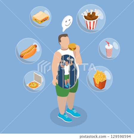 3D Isometric Flat Vector Illustration of Obesity and Overweight Problem, Unhealthy Diet and Junk Food 129598594