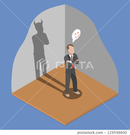 3D Isometric Flat Vector Illustration of Evil Employee, Bold Businessman With Sinister Intentions Crosses Arms Near Shadow With Devil Horns 3D Isometric Flat Vector Illustration of Evil Employee, Bold Businessman With Sinister Intentions Crosses Arms Near Shadow With Devil Horns 129598600