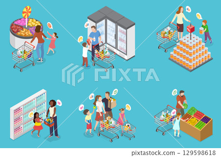 3D Isometric Flat Vector Illustration of Shoppers at Hypermarket, Family Members Maneuver Through Supermarket, Kids Excited For Treats, Parents Managing Shopping Lists 129598618