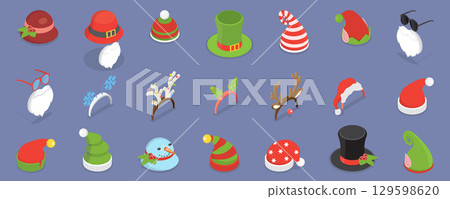 3D Isometric Flat Vector Illustration of Christmas Holiday Hats, Party Time Hair Accessories 129598620