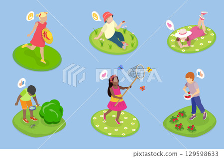 3D Isometric Flat Vector Illustration of Happy Children Havin Fun, Activities For Kids In Springtime 129598633