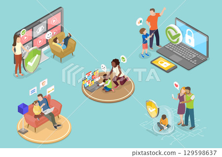 3D Isometric Flat Vector Illustration of Internet Cyber Safety, Parental Control 3D Isometric Flat Vector Illustration of Internet Cyber Safety, Parental Control 129598637