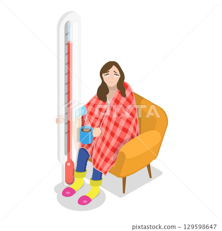 3D Isometric Flat Vector Illustration of Diverse Unhealthy People, Charecters Suffering from Flu and Fever with Cough and Sneeze. Item 6 129598647