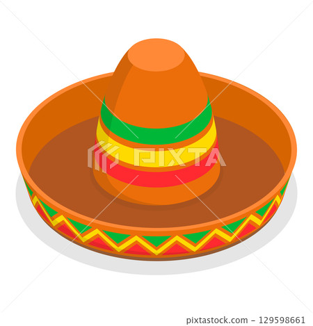 3D Isometric Flat Vector Set of Mexican Hats, Traditional Costume Elements. Item 7 129598661