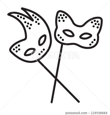 Two elegant eye masquerade masks with sticks, vector black line icon 129598668