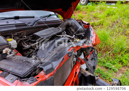 Damaged car engine exposed after accident on roadside 129598706