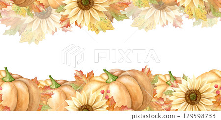 Watercolor autumn seamless border.Pumpkin, sunflower, leaves and branches of berries.Beautiful hand-drawn illustration, isolated on a white background.Suitable for design, print, for Thanksgiving card 129598733