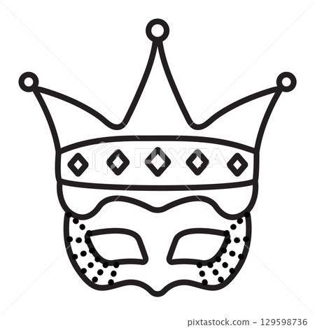 Queen and king masquerade mask with a crown, prince and princess costume part, single vector black line icon Queen and king masquerade mask with a crown, prince and princess costume part, single vector black line icon 129598736